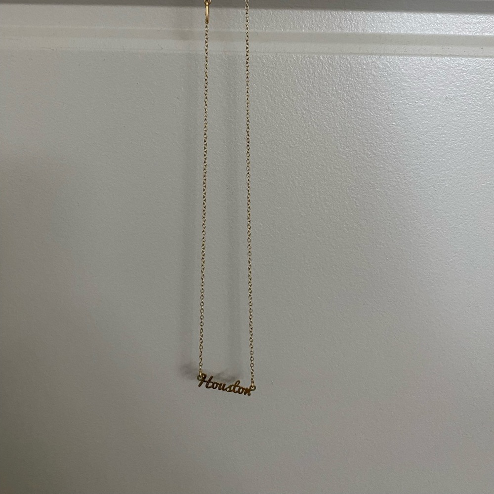 Kris Nations gold Houston necklace adjustable sizing, max length 18”